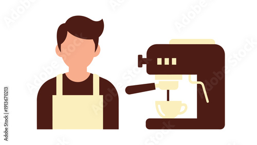 Barista making coffee with espresso machine, flat illustration, vector art