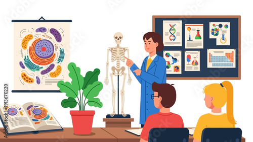 Biology Teacher Explains Anatomy to Students with Skeleton Model and Charts
