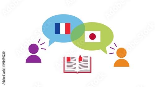 Bilingual Communication: French and Japanese Flags in Speech Bubbles, Learning Book
