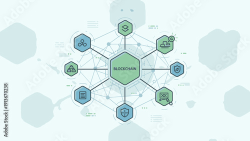 Blockchain Technology Network Diagram with Icons, Decentralized System Concept