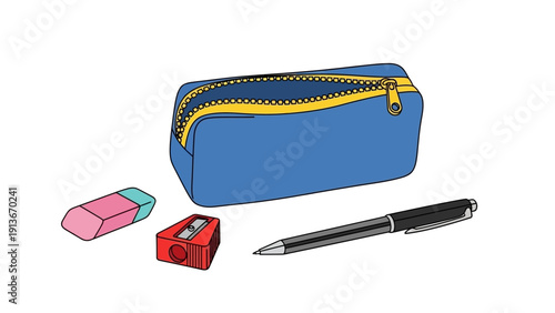 Blue pencil case with pen, eraser, and sharpener on white background