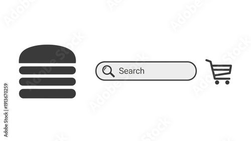 Burger Menu Icon, Search Bar, and Shopping Cart Icon on White Background