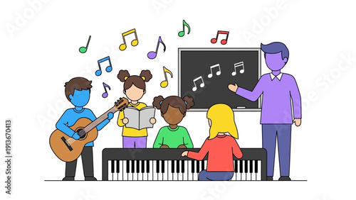 Children's music class with teacher playing guitar and piano lessons