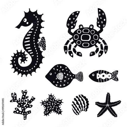 Seahorse, crab, fish, coral.Black silhouette, linocut. Vector illustration on a transparent background.