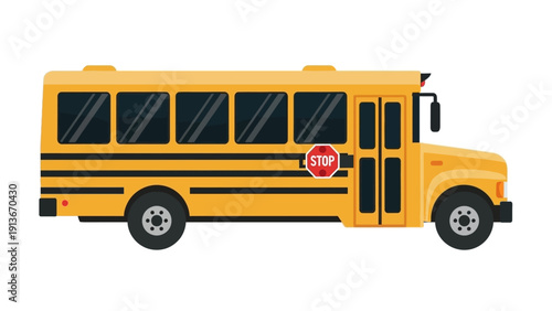 Classic Yellow School Bus with Stop Sign - Vector Illustration