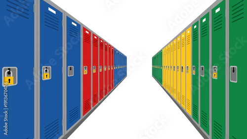 Colorful School Lockers Facing Each Other, Perspective View, Study Hall