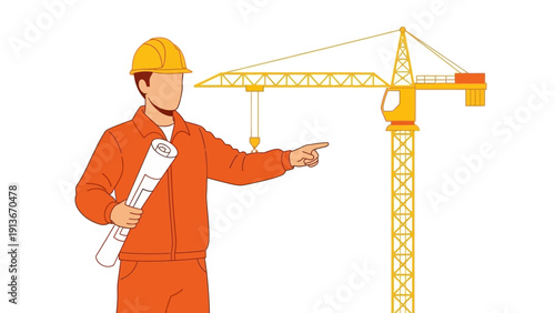 Construction worker with blueprint pointing at crane on white background