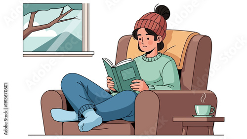 Cozy Winter Reading: Woman Relaxing in Armchair with Book and Hot Drink