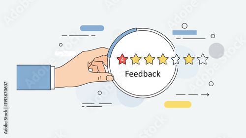 Customer feedback rating with stars and hand icon, concept of review and satisfaction.