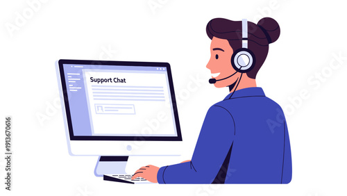 Customer service agent with headset and computer, online support chat