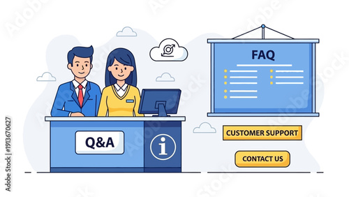 Customer support team assisting with FAQ and Q&A at help desk