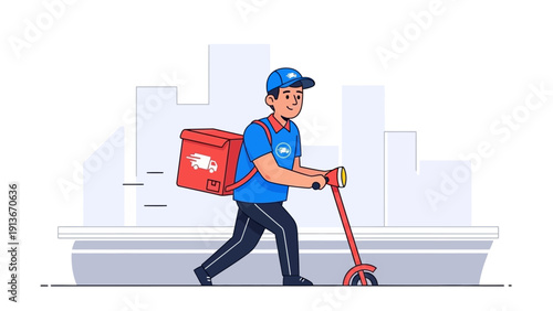 Delivery man riding electric scooter with insulated bag, fast urban transport