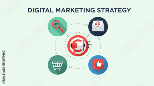 Digital Marketing Strategy Icons: SEO, Email, Social Media, E-commerce