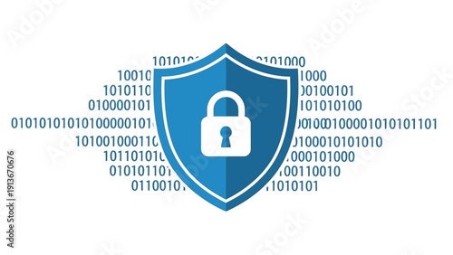 Digital Security Shield with Binary Code and Padlock Icon
