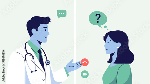 Doctor consulting patient via video call, telemedicine concept illustration