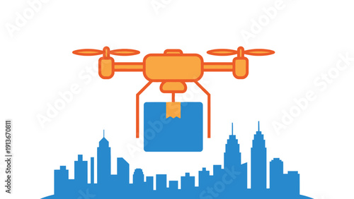 Drone delivering package over futuristic cityscape, aerial delivery concept