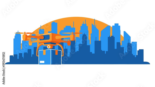 Drone Delivering Package Over City Skyline at Sunset - Future Delivery Concept