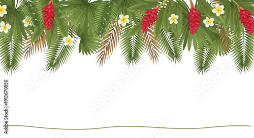 Tropical border of green palm fronds red ginger flowers and white plumeria blossoms