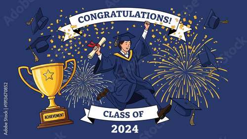 Excited Graduate Running with Diploma, Graduation Cap Toss, Trophy, Fireworks, Congratulations