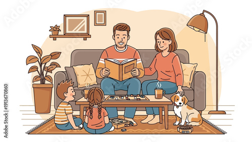 Family Reading Together on Sofa with Kids and Dog in Cozy Living Room