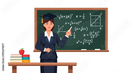 Female Teacher in Graduation Cap Explaining Math Formulas on a Chalkboard