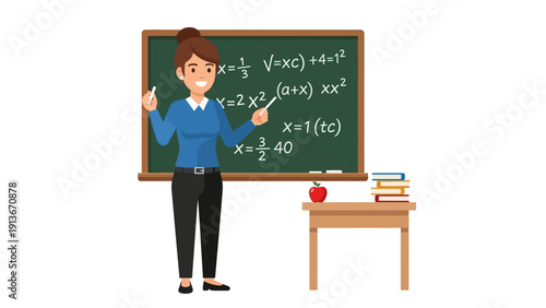Female teacher explaining math equations on a blackboard in a classroom
