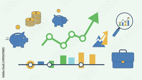 Financial Growth and Investment Icons: Piggy Bank, Coins, Graphs, and Briefcase