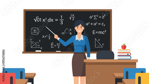 Female Teacher Explaining Math Equations on Blackboard in Classroom
