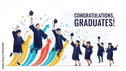 Graduation Celebration: Graduates Tossing Caps, Jumping, Arrows, Confetti, University Building