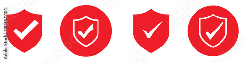A red shield icon with a check mark indicating protection, or security, with a check mark symbol, EPS10 on a white background. Vector illustration.

