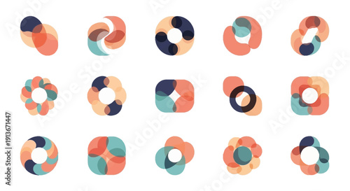 Abstract geometric shapes collection, modern colorful overlapping translucent design elements