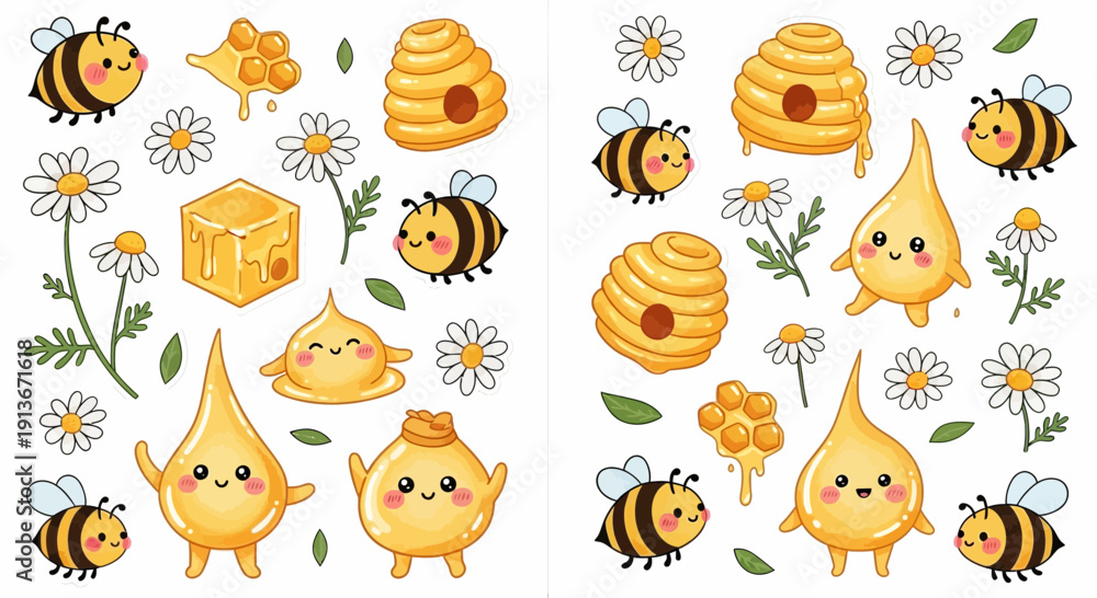 Fototapeta premium Cartoon bees honeycomb daisies vector illustration set for design