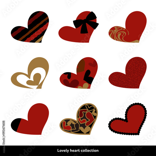 赤いハート　装飾された９つのデザイン　ベクター素材