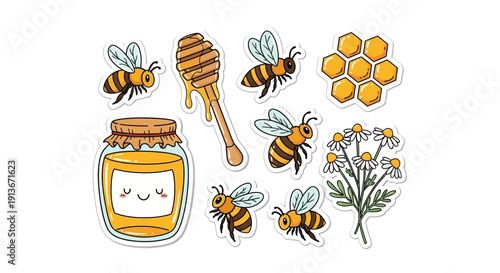 Cartoon bees honeycomb honey jar wooden honey dipper and chamomile elements