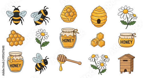 Cartoon bees honeycomb honey jars and flowers collection isolated