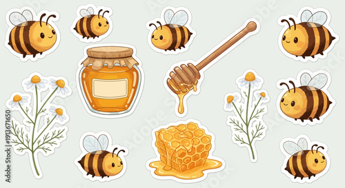 Cartoon bees honeycomb jar and dipper decorative elements for design