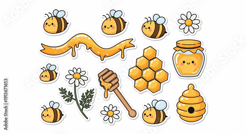 Cartoon bees honeycomb jar and flowers illustration vector elements