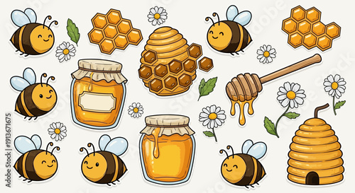 Cartoon bees honeycomb jars and flowers illustration for design projects