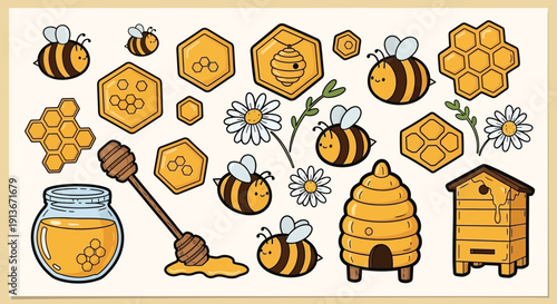Cartoon bees honeycombs beehives and daisies illustration set