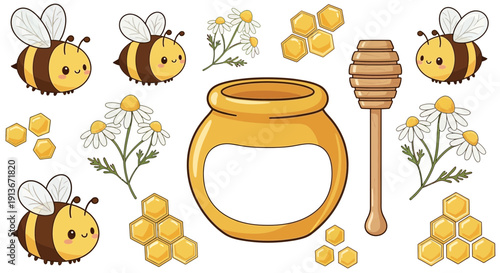 Cartoon bees with honey pot dipper and floral elements on white