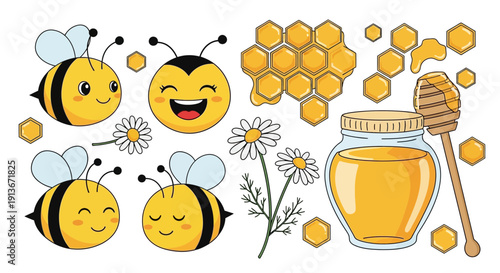 Cartoon bees with honeycomb and flowers vector illustration set