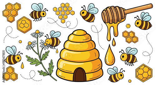 Cartoon bees with honeycomb and hive illustrations for design elements