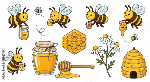 Cartoon bees with honeycomb and honey jar illustrations isolated
