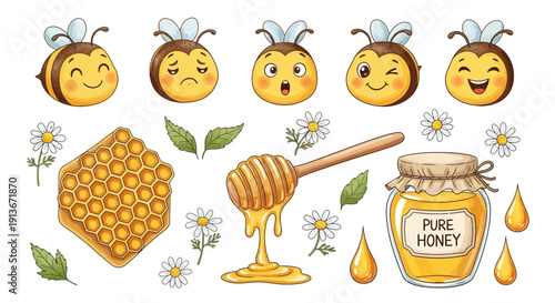 Cartoon bees with honeycomb dipper jar and flowers isolated on white