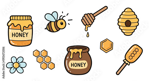 Cartoon honey jar bee honeycomb flower and accessories vector illustration