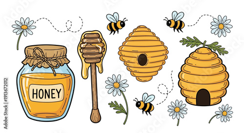 Cartoon honey jar beehive honeycomb and bees vector illustration set