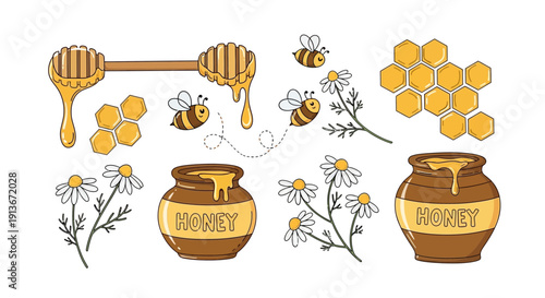Cartoon honey pot comb bees and chamomile flowers vector illustration
