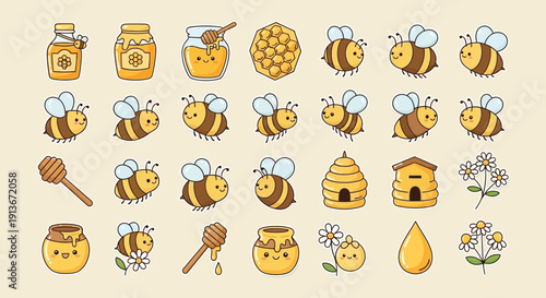 Cartoon honeybee and honey illustration set isolated vector elements