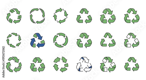 Diverse Green Recycling Symbols Set for Environmental Protection and Sustainability