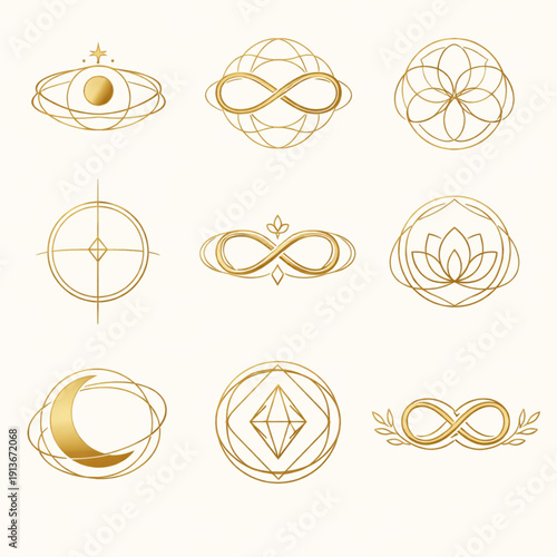 A premium collection of nine golden mystical logos and emblems. The set features sacred geometry, celestial elements like the moon and sun, lotus flowers, infinity symbols, and crystalline shapes. 